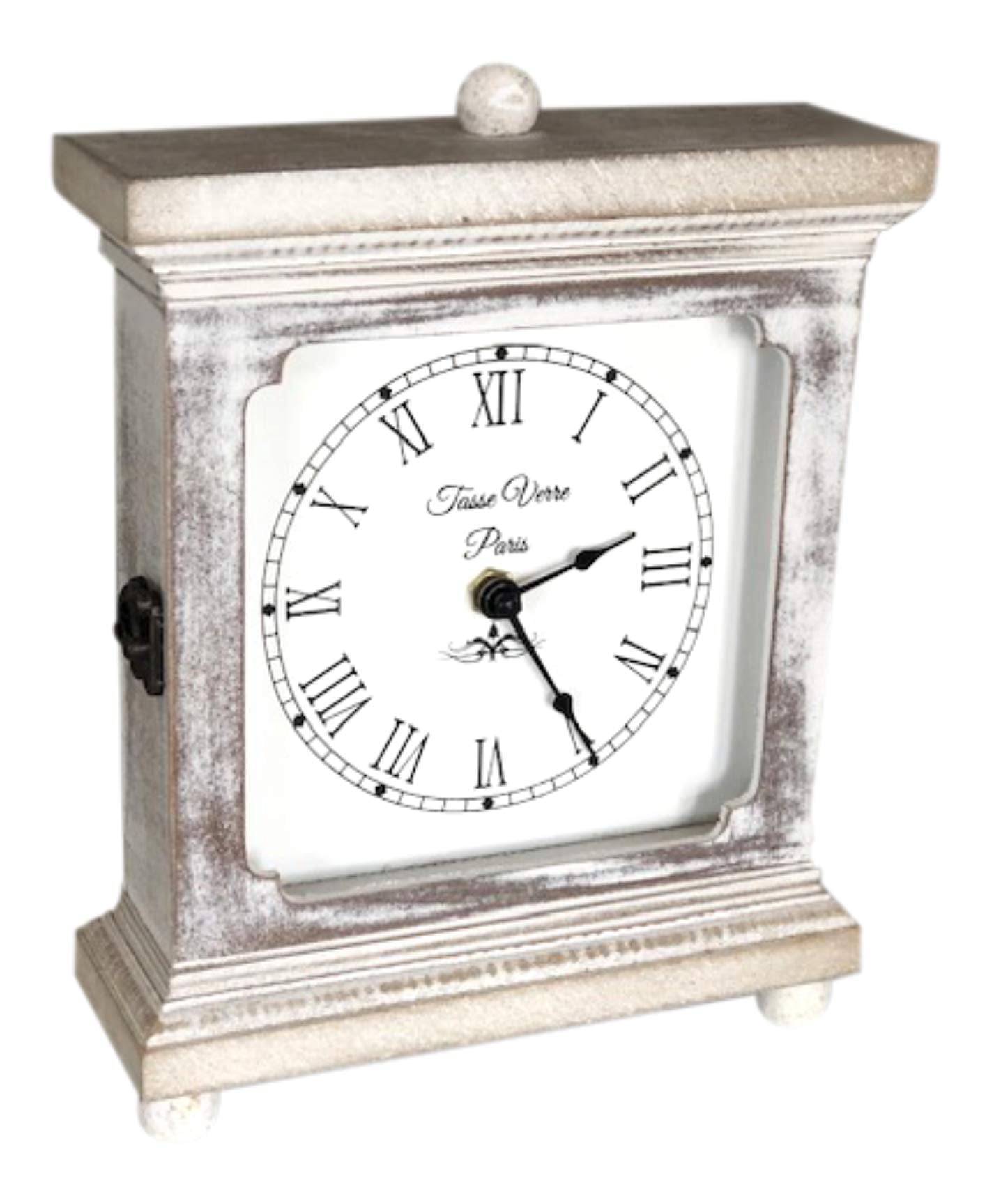 Rustic Shelf Clock (Quiet) for Living Room Mantel, Table, Or Desk 9" X 7" Farmhouse Decor Distressed White Washed Wood Silent - Office Fireplace. AA Battery Operated Non-Digital, Tan