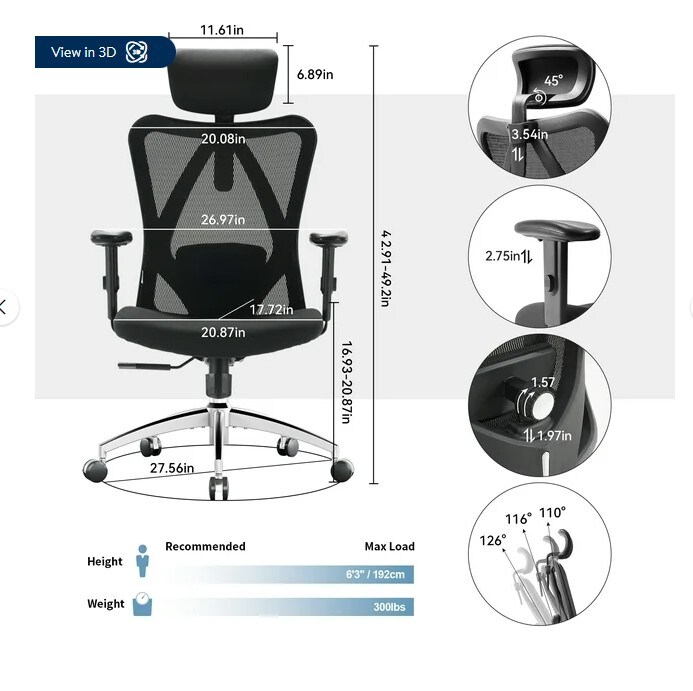 Ergonomic Office Chair, Mesh Computer Desk Chair with Adjustable Lumbar Support, Big and Tall High Back Chair in Black