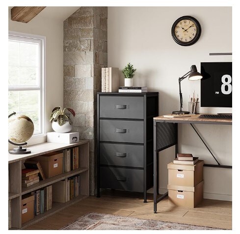 Black Four-Drawer Dresser for Bedroom, Wood Top and Steel Frame Chest of Drawers, Storage Drawers for Closet, Living Room, Hall, and Entryway