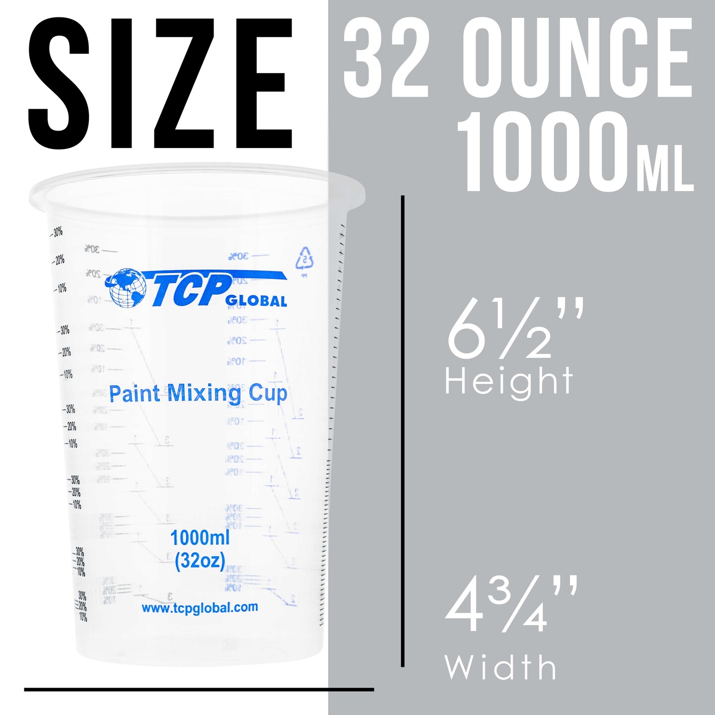 TCP Global 32 Ounce (1000ml) Disposable Flexible Clear Graduated Plastic  Mixing Cups - Box of 25 Cups - Use for Paint, Resin, Epoxy, Art, Kitchen