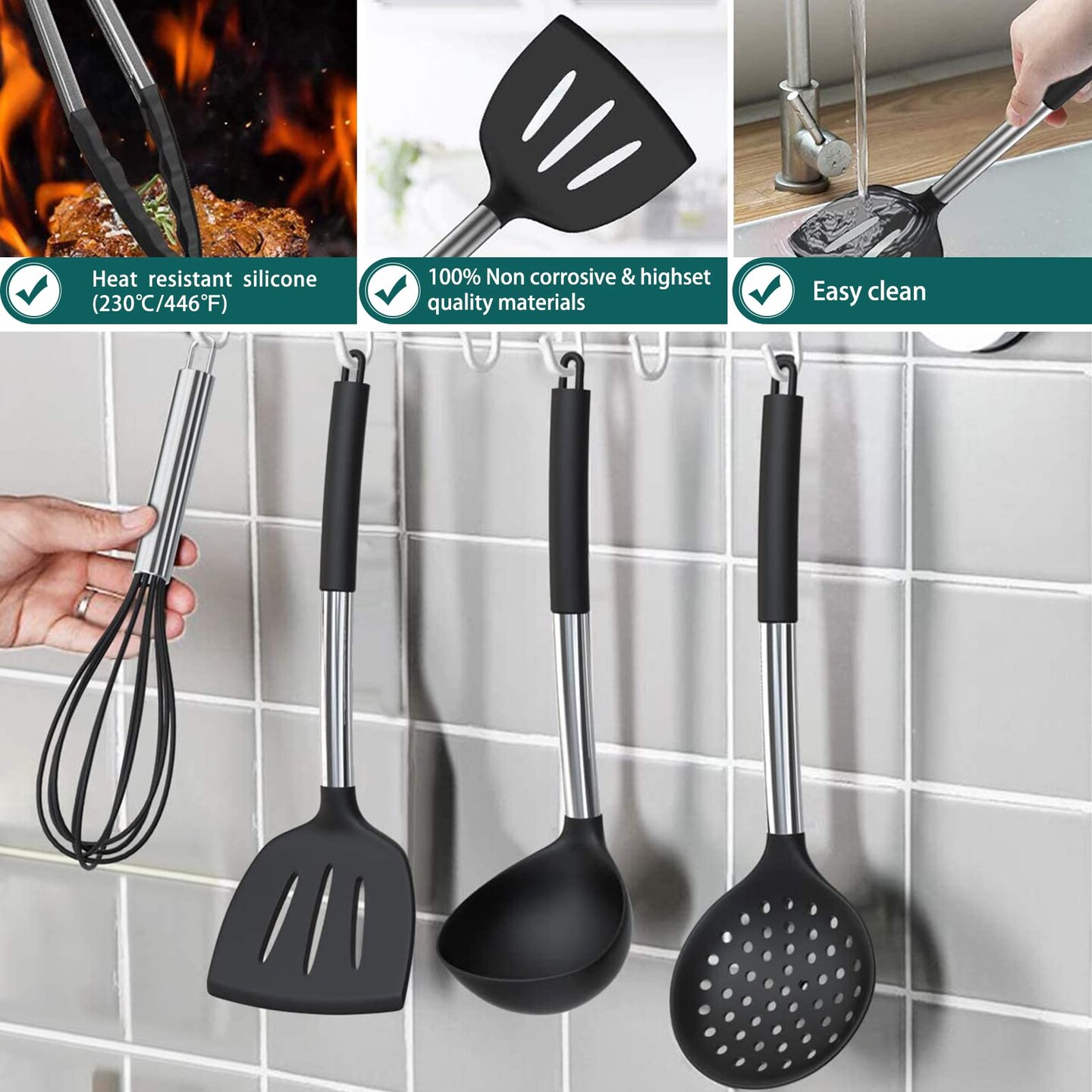 15 Pieces Silicone Cooking Utensil Set, Umite Chef Silicone Cooking Kitchen Utensils Set, Non-stick - Best Kitchen Cookware with Stainless Steel Handle - Black