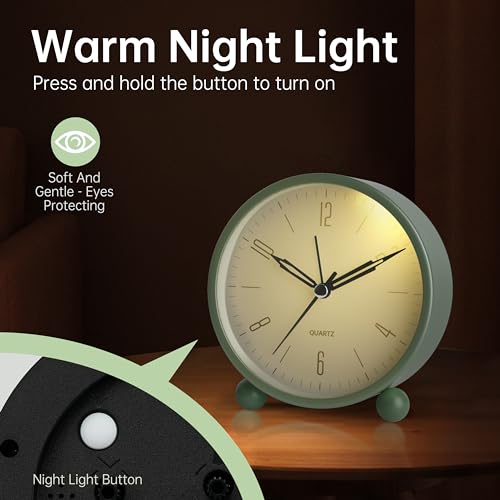 4 inch Super Silent Non Ticking Small Clock with Night Light, Battery Operated, Simple Design, Old Fashioned Style Sage Decor, for Bedroom, Bedside, Desk, Adult, Kid, Gift, Green