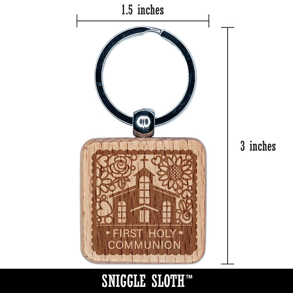First Holy Communion Cute Chapel with Floral Scalloped Border Engraved Wood Square Keychain Tag Charm
