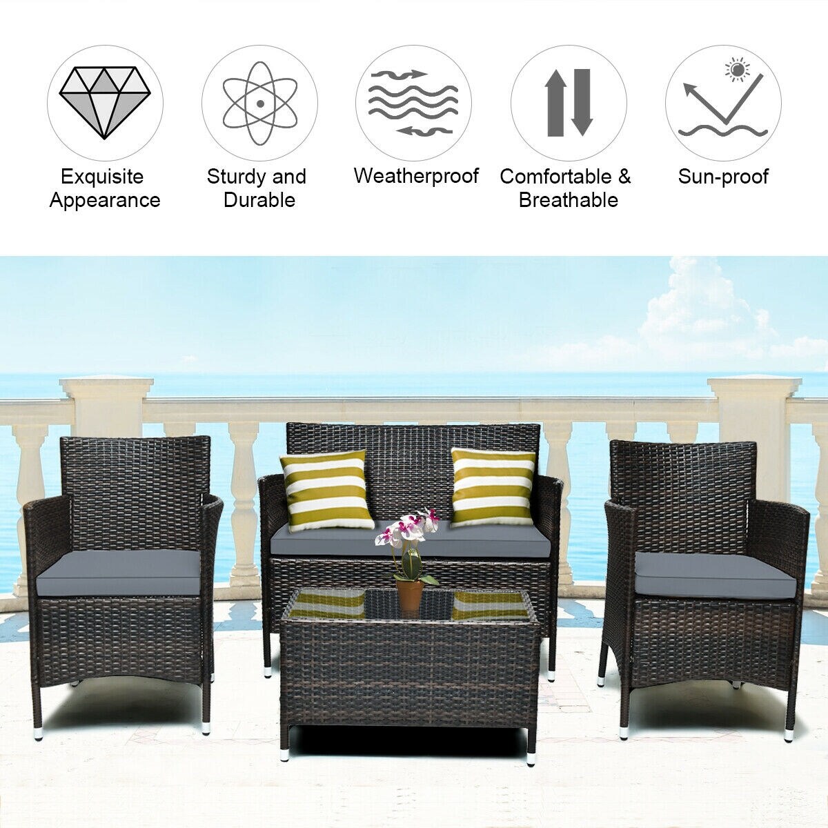 4 Pieces Comfortable Outdoor Rattan Sofa Set With Glass Coffee Table