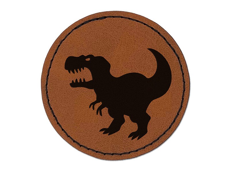 Tyrannosaurus Rex Silhouette Round Iron-On Engraved Faux Leather Patch Applique - 2.5&#x22;
