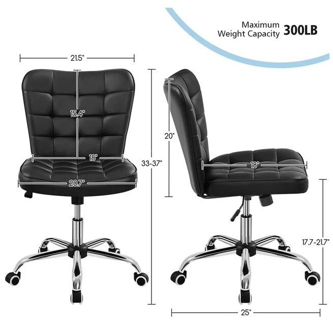Black Modern Rolling Faux Leather Armless Desk Chair with Metal Base for Home Office