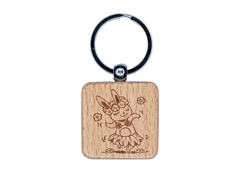 Luau Hawaiian Hula Bunny with Lei Engraved Wood Square Keychain