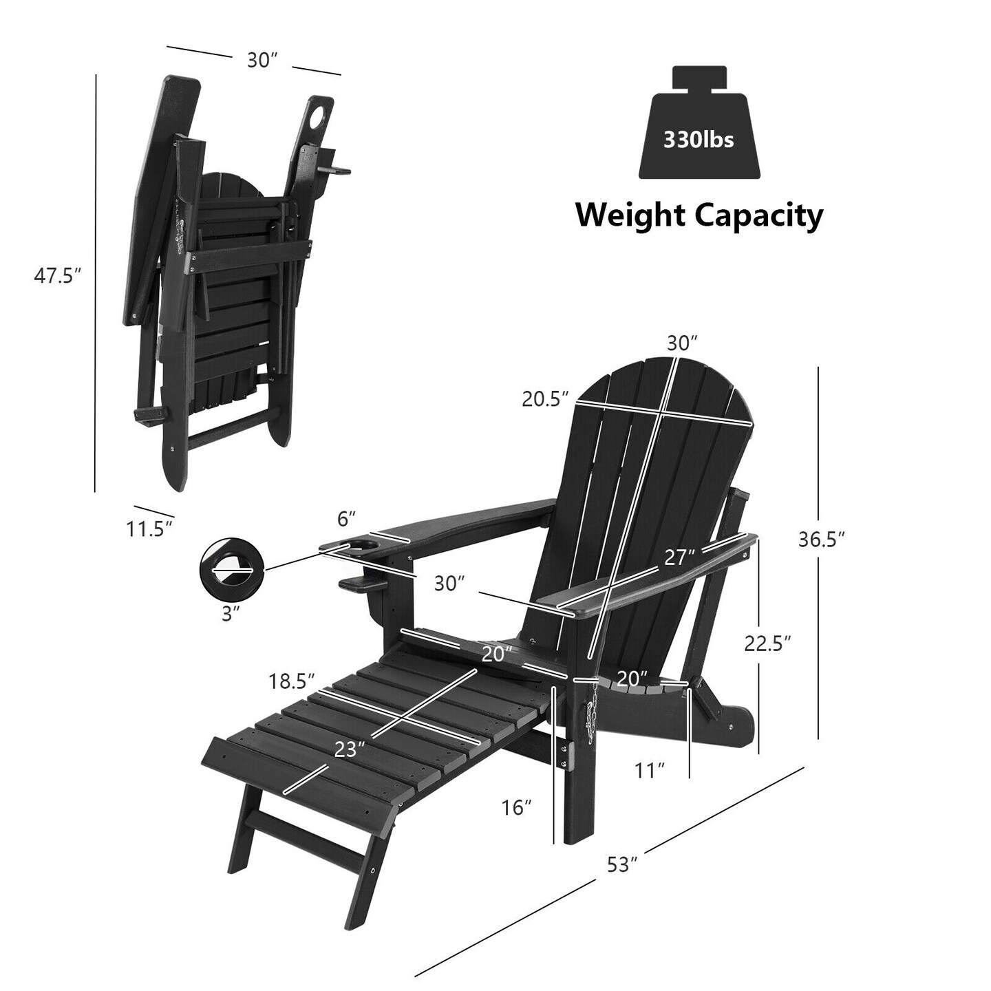 Patio All-Weather Folding Adirondack Chair with Pull-Out Ottoman