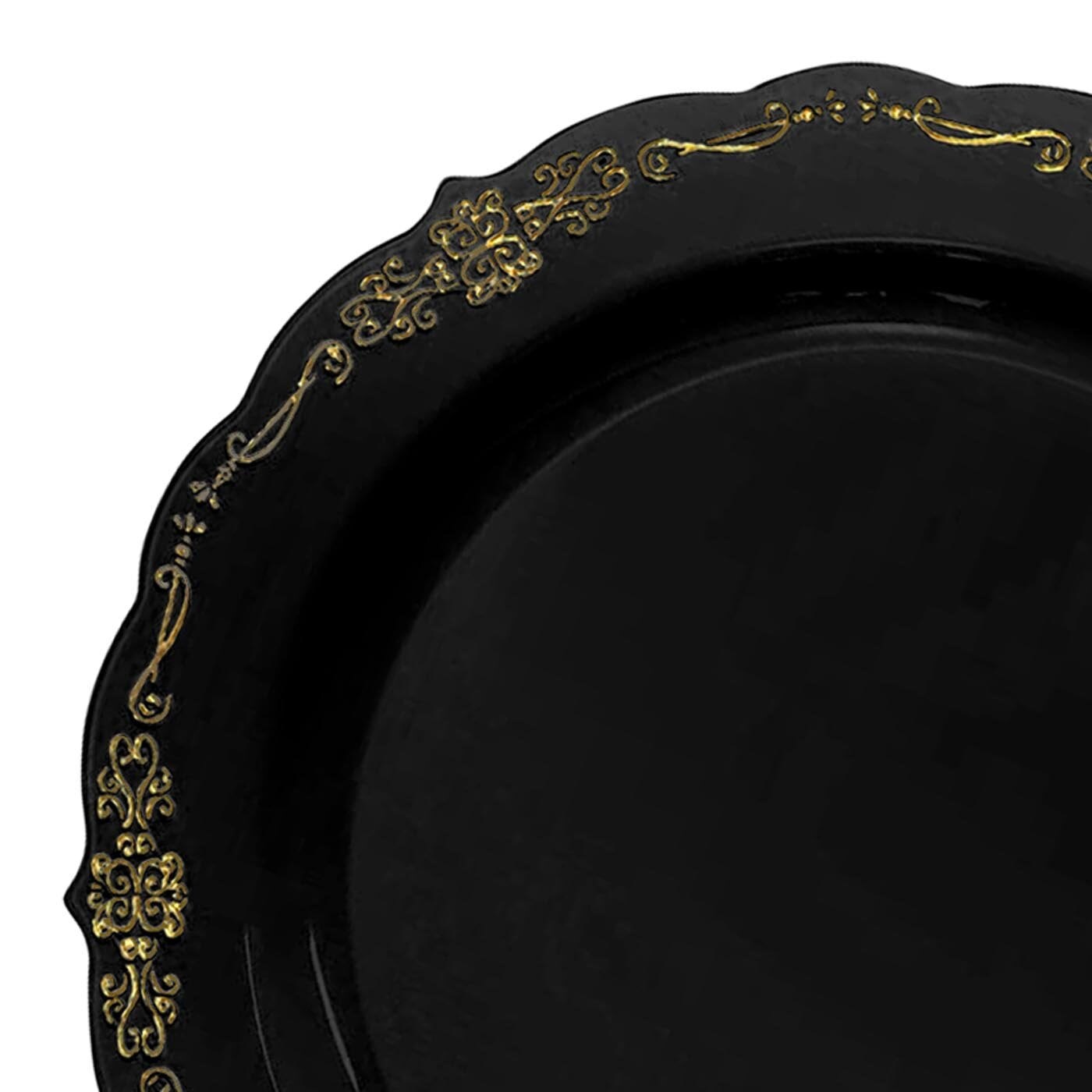Black with Gold Vintage Rim Round Disposable Plastic Dinner Plates - 10&#x22; (120 Plates)
