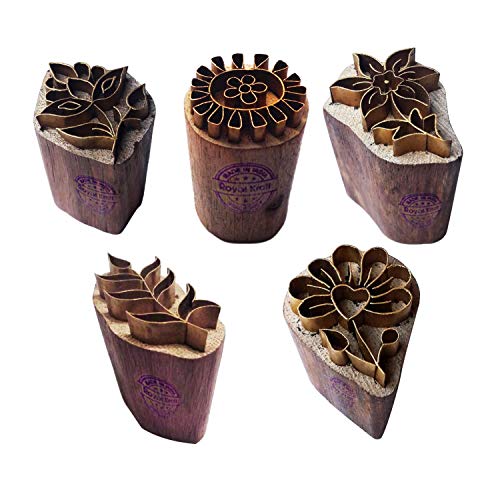 Royal Kraft Floral Brass Wooden Printing Stamps (Set of 5) - DIY Fabric, Clay, Pottery Blocks BHtag0002