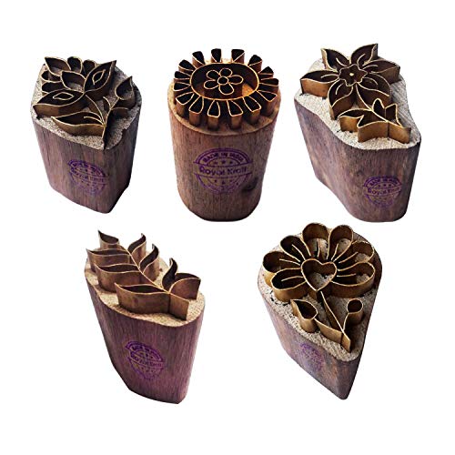Set of 5 Floral Brass Wooden Printing Stamps - DIY Fabric, Clay, Pottery Blocks BHtag0002