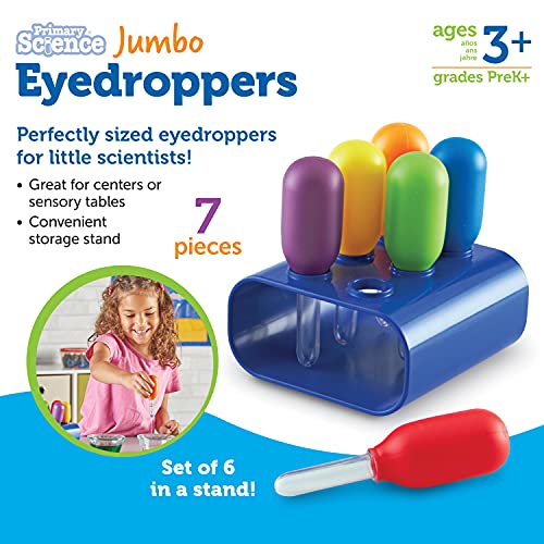 Learning Resources Jumbo Colorful Eyedroppers - Set of 6 with Stand, Ages 3+, Science Class Tools, Preschool Science, Sensory Accessories,Droppers for Kids,Back to School Supplies