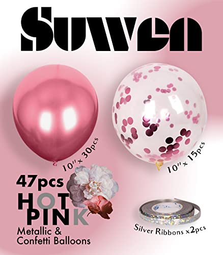 47 Pieces Metallic Hot Pink Balloons and Confetti Balloons Set Latex Helium Chrome Magenta Balloon for Birthday Graduation Anniversary Party Decorations