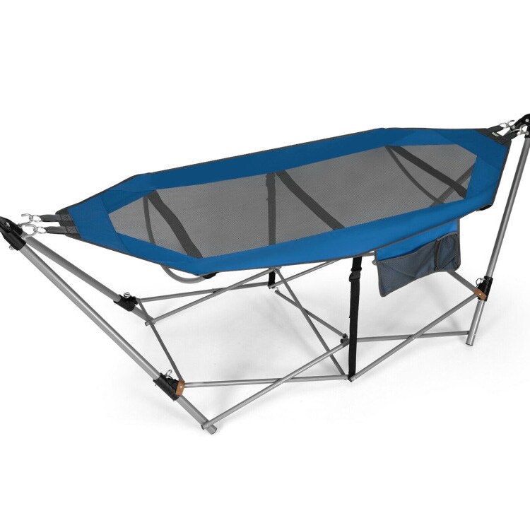 Outdoor Folding Hammock Bed with Breathable Fabric Metal Frame and Side Pocket Storage
