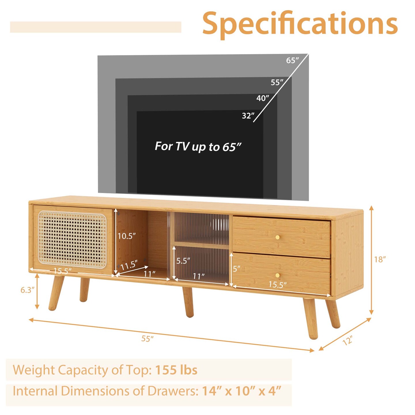 Costway Bamboo TV Stand Console Table with PE Rattan Door & 2 Drawers for TV up to 65" Brown/Natural