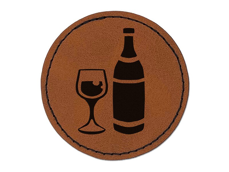 Fancy Wine Bottle and Glass Round Iron-On Engraved Faux Leather Patch Applique - 2.5&#x22;