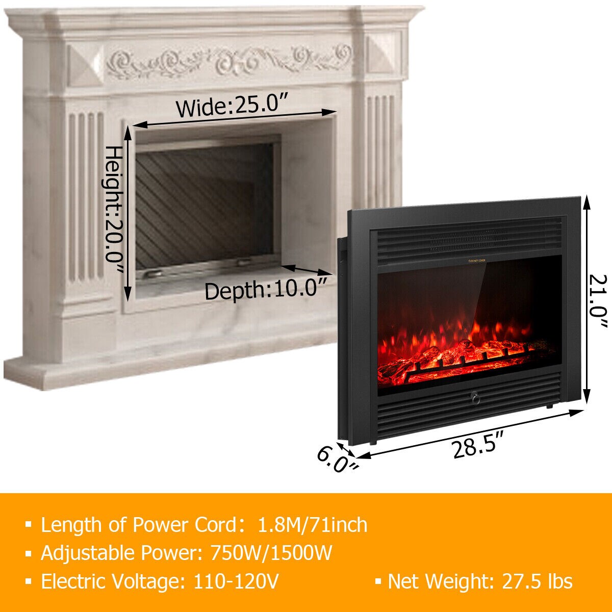 Modern Electric Wall Fireplace with Adjustable Thermostat and 0-8 Hour Timer Remote Included