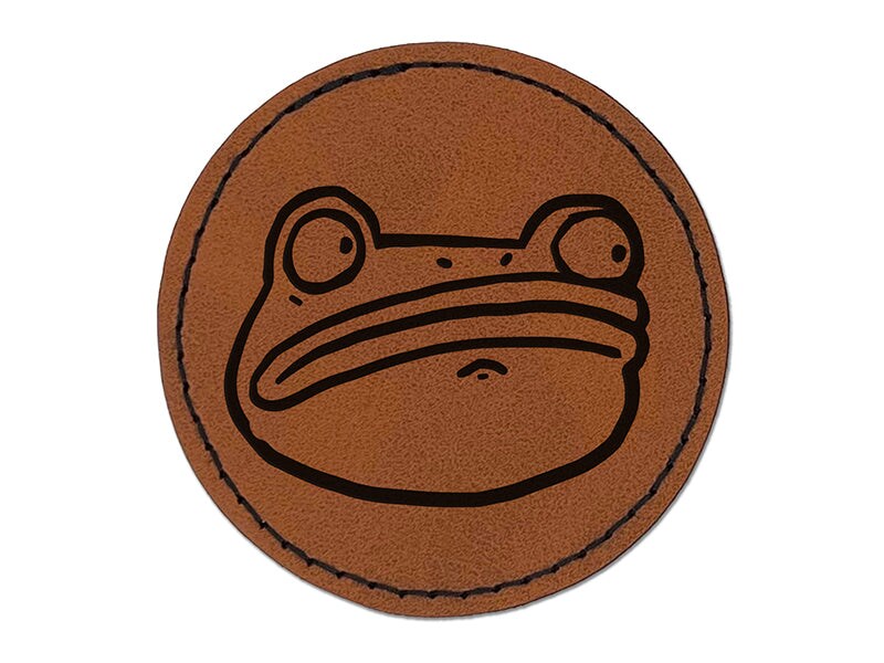 Wary and Suspicious Frog Toad Head Round Iron-On Engraved Faux Leather Patch Applique - 2.5&#x22;