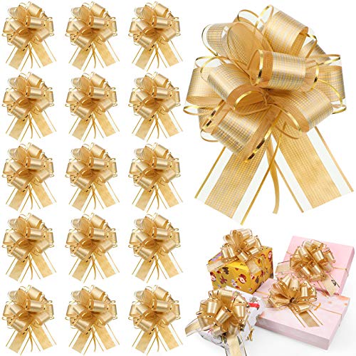 WILLBOND 20 Pieces Pull Bow Gift Wrapping Pull Bow Ribbon Pull Bows for Christmas Wedding Baskets Valentine&#x27;s Day Bows Multicolor Ribbon Bow for Gift Wrapping (Gold, 6 Inch)