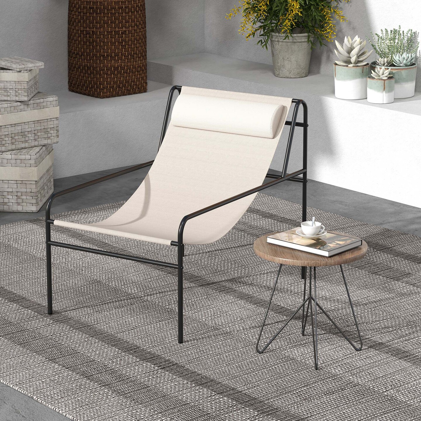 Costway Patio Sling Lounge Chair with Removable Headrest Pillow Breathable Seat Balcony