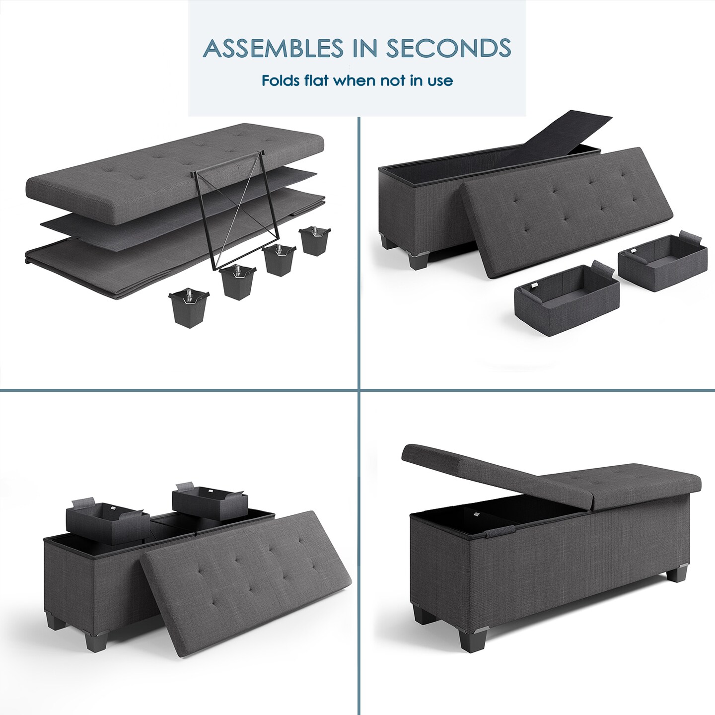 StorageBud Storage Ottoman Bench with Storage Bins