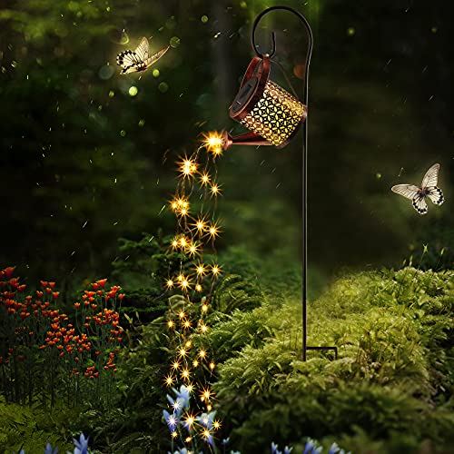 Watering Can with Lights Star Shower Watering Can Solar Twinkle Lights Waterproof Outdoor Decor LED Fairy Lights for Garden Yard Outdoor Lawn Patio Party Decorations Path Lights (Barrel Style)