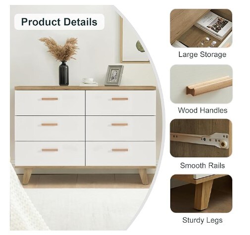 White Wide Drawer Dresser with Drawers, Wood Storage Organizer, Contemporary Drawer Chest for Nursery, Living Room, Hall, and Children&#x27;s Bedroom