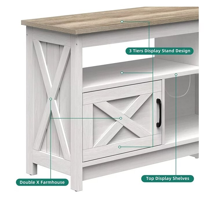 Grey Wash Farmhouse TV Stand up to 65&#x22; with Power Outlet, Media Console with Storage Shelves for Living Room