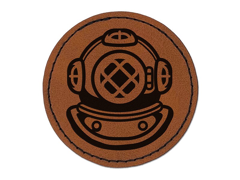 Antique Vintage Deep Sea Diving Helmet Round Iron-On Engraved Faux Leather Patch Applique - 2.5&#x22;