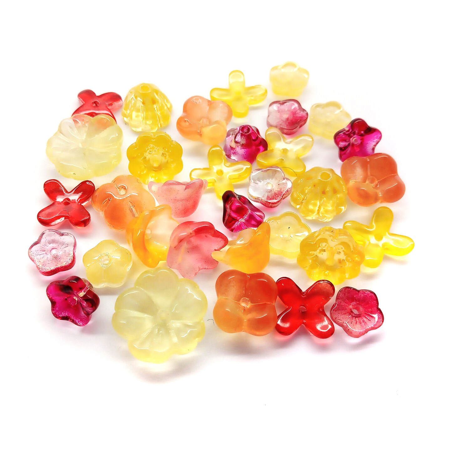 Glass Flower Beads, 30 pcs, Small Red Orange &#x26; Yellow Mix, Assorted Styles, 8mm to 15mm, Adorabilities