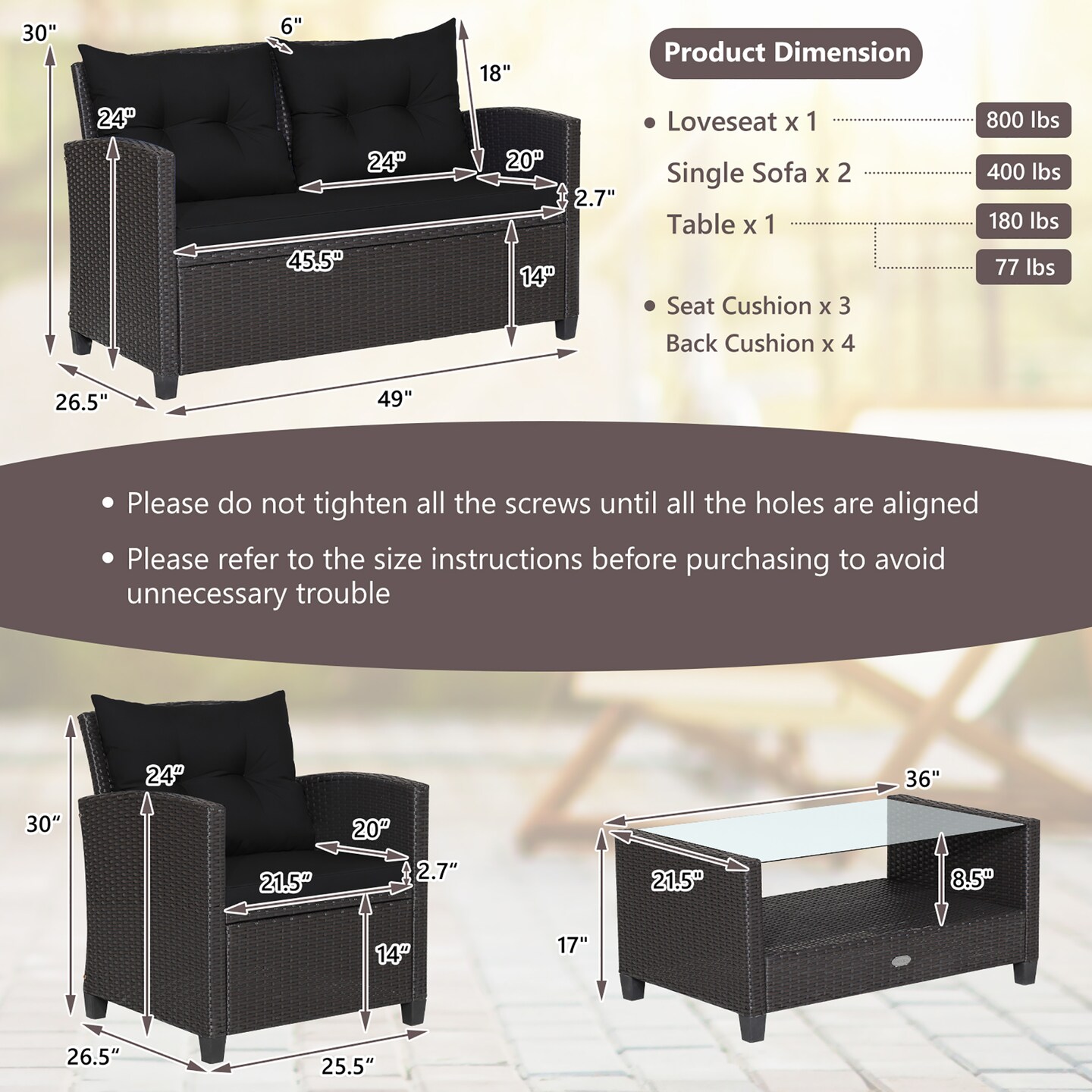 Costway 4 PCS Patio Rattan Furniture Set Glass Table Shelf Sofa Cushion