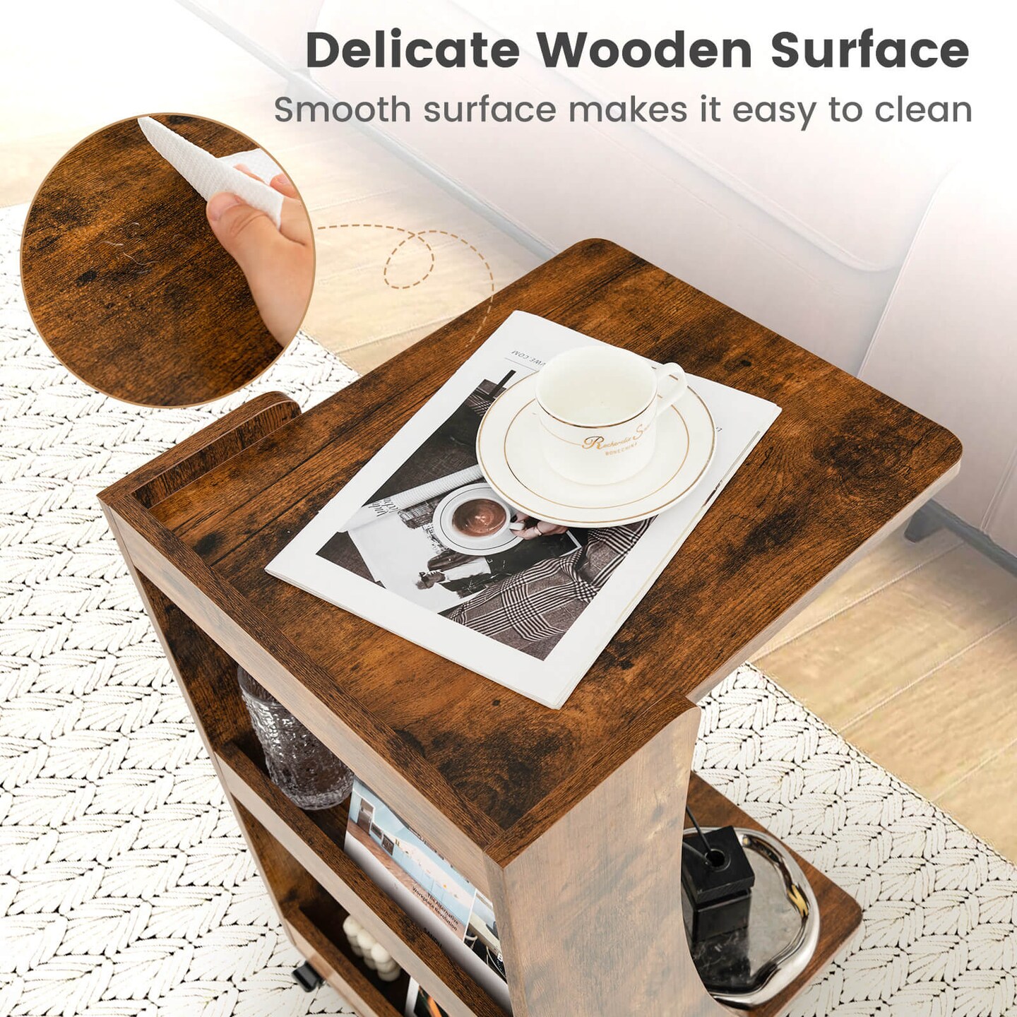 C-shaped Rolling End Side with Back Storage Shelves beside Sofa