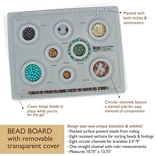 Elements Bracelet & Anklet Design Bead Board – 10.75 x 13.75 Inches – Removable Transparent Cover – Flocked Surface, Multiple Channels & Printed Ruler – for Jewelry Making