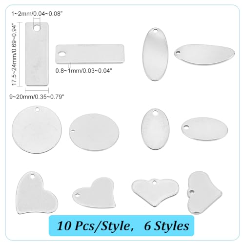 304 Stainless Steel Stamping Charms 60 Pieces Stamping Tag Pendants Stamping Blank Tags 6 Style Stamping Blank Tags Heart Round Metal Tag for Bracelet Necklace Jewelry DIY Craft Gift Making