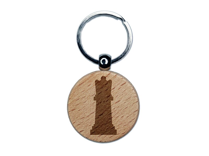Chess Queen Piece Engraved Wood Round Keychain Tag Charm
