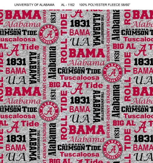 Sykel Enterprises-University of Alabama Fleece Fabric-Alabama Crimson Tide Heather Verbiage Fleece Blanket Fabric-Sold by the yard