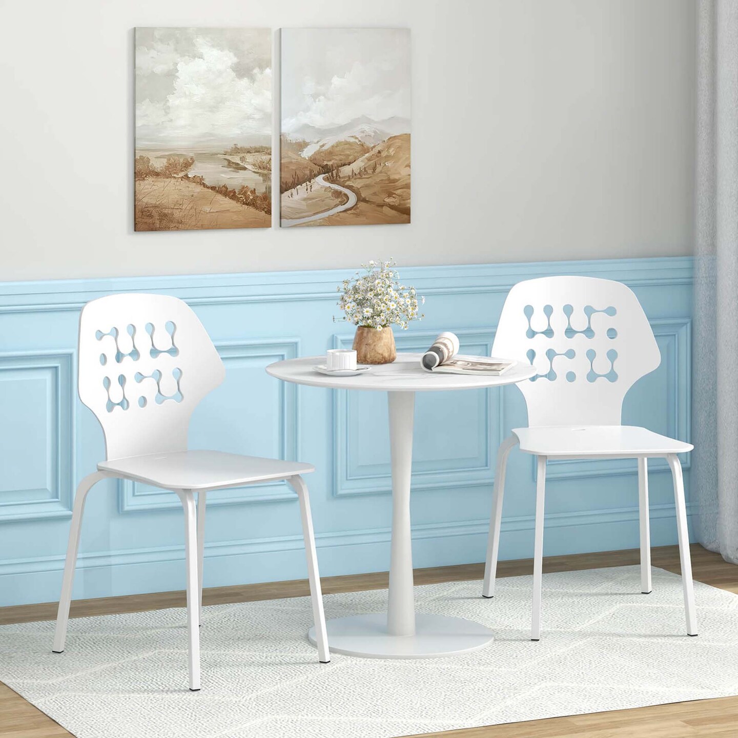 Costway Metal Dining Chair Set of 4 Armless Kitchen Hollowed Backrest & Metal Legs Blue/White