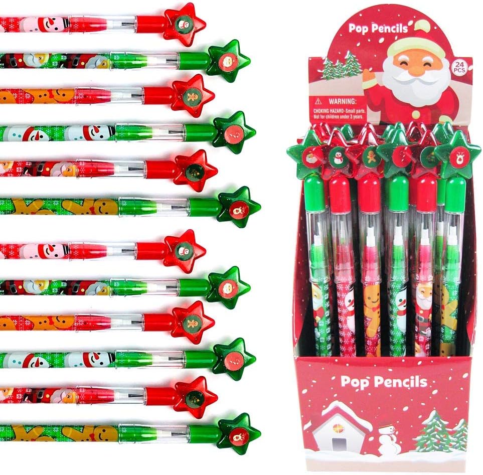 Tiny Mills 24 Pcs Christmas Multi Point Stackable Push Pencil Assortment with Eraser for Christmas Party Favor Prize Stocking Stuffers Classroom Rewards