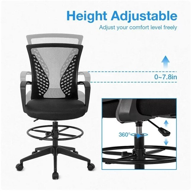 Adjustable Drafting Chair Tall Office Chair Adjustable Height with Arms, Foot Rest, and Back Support Height Adjustable Swivel Desk Chair Mesh Drafting Stool for Adults and Women (Black)