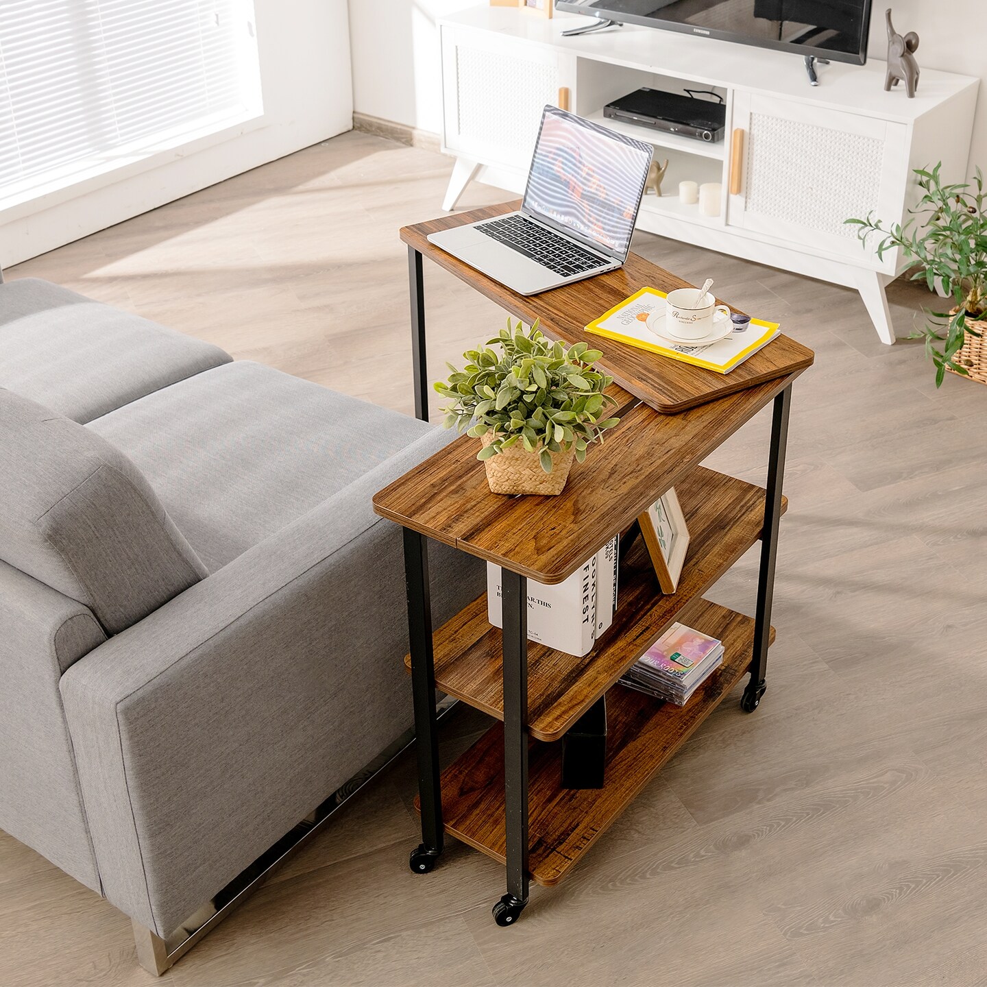 Rotating Sofa Side Table with Wheels Sliding Laptop Desk with Storage Shelves for Small Spaces