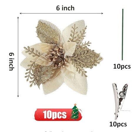 Glitter Poinsettia Christmas Tree Ornaments 10PCS,Artificial Poinsettia Flowers 6&#x22; Wide Xmas Tree Ornaments for Xmas Tree Wreaths Garland Wedding Decorations for the Holiday Season (Gold)