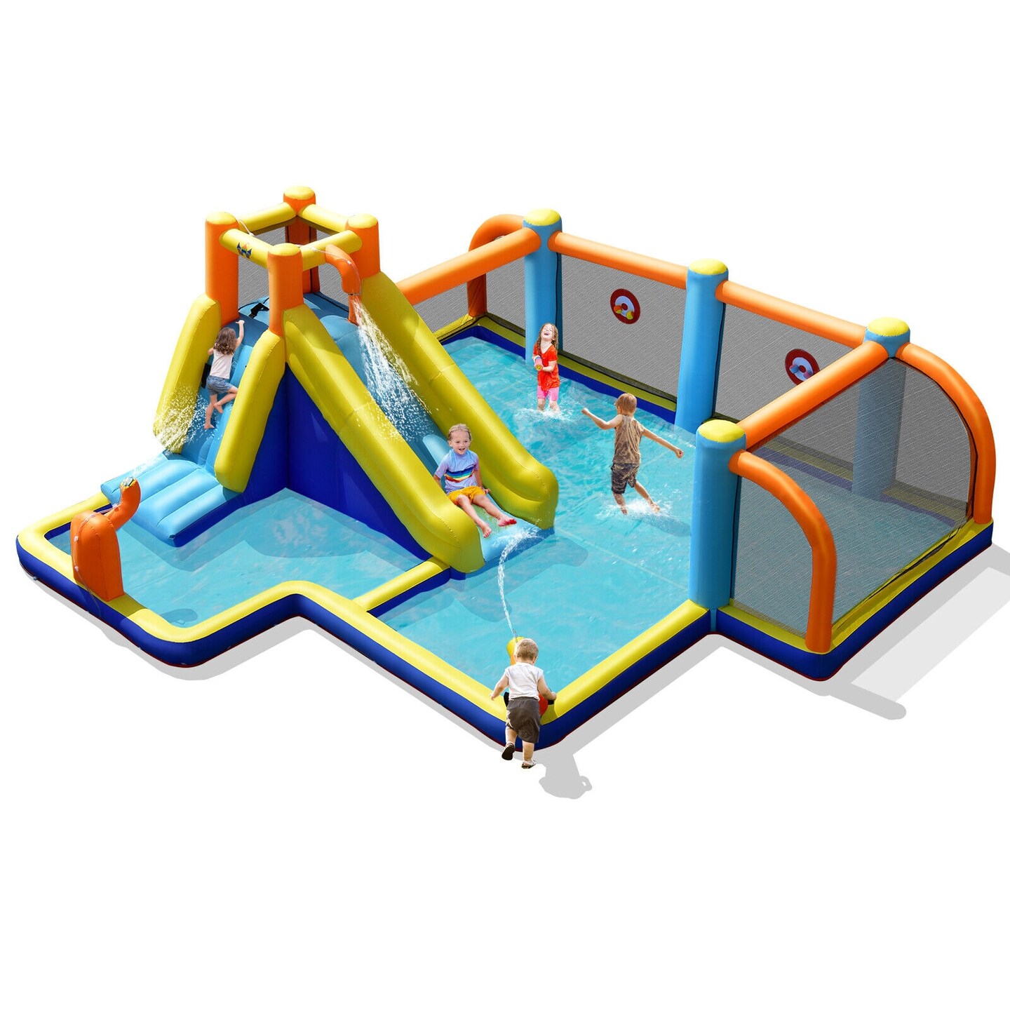 Kids Inflatable Water Bouncer With Soccer Zone Slides Climbing Wall And Splash Pool