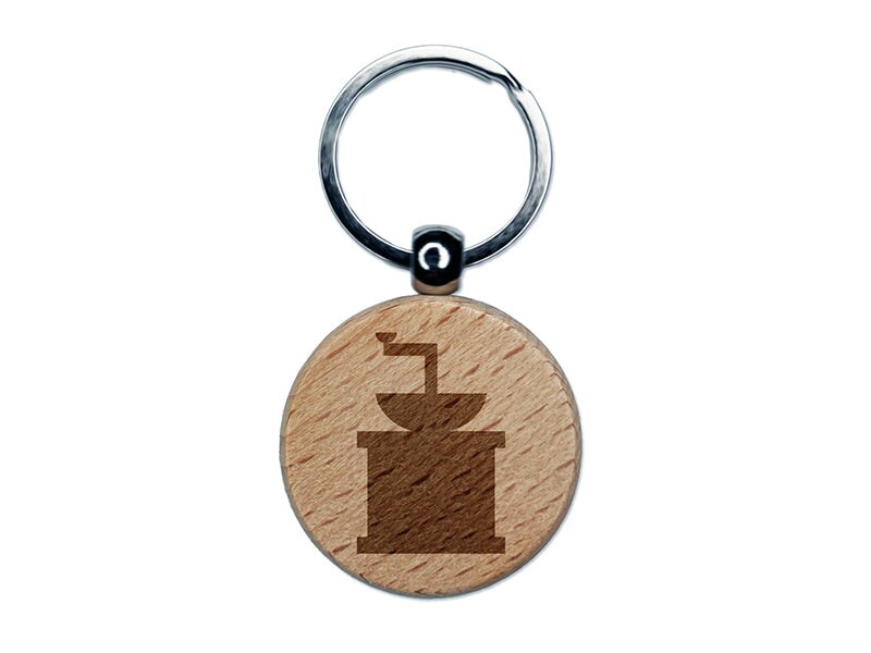 Coffee Grinder Solid Engraved Wood Round Keychain Tag Charm