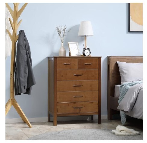 Bedroom Tall Dresser, Six-Drawer Dresser, Drawer Chest with Bamboo Frame, Brown