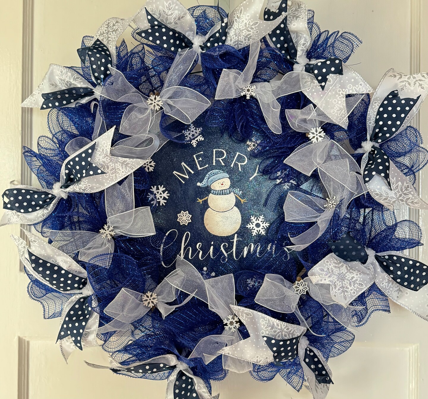 Christmas Ribbon, Mesh Wreath, Blue And White, Snowflakes, Handmade, Hand Painted Merry Christmas Sign With Snowman, Farmhouse Christmas product 7