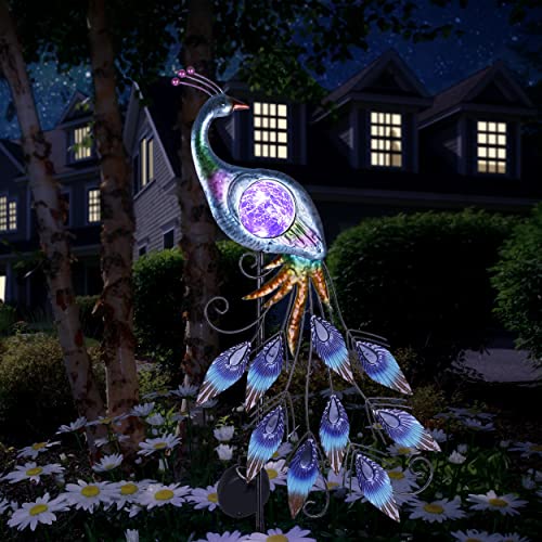 TERESA'S COLLECTIONS Yard Decorations Outdoor, Peacock Solar Garden Lights, 31.5 Inch Metal Lawn Ornaments, Garden Decor for Outside with Crackle Glass Ball, Decorative Stake Yard Art for Patio