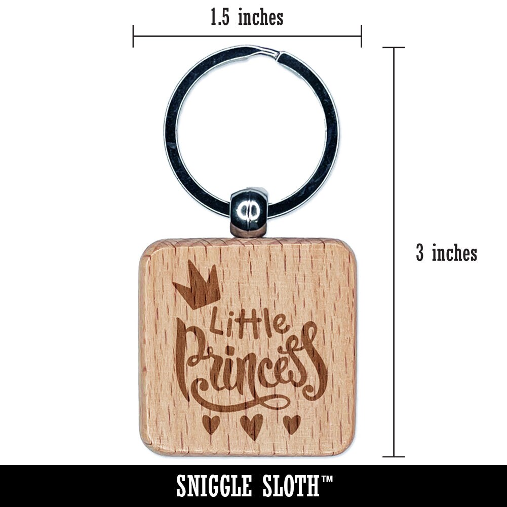 Little Princess Cursive with Crown and Hearts Engraved Wood Square Keychain Tag Charm