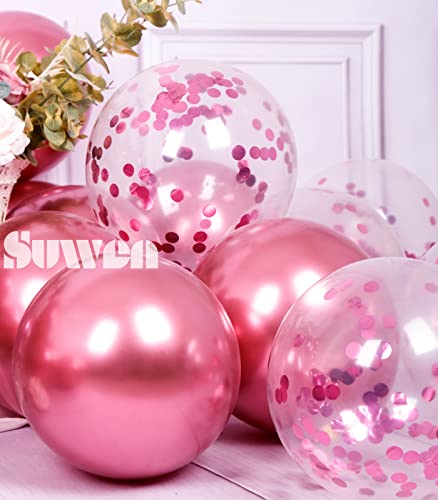 47 Pieces Metallic Hot Pink Balloons and Confetti Balloons Set Latex Helium Chrome Magenta Balloon for Birthday Graduation Anniversary Party Decorations