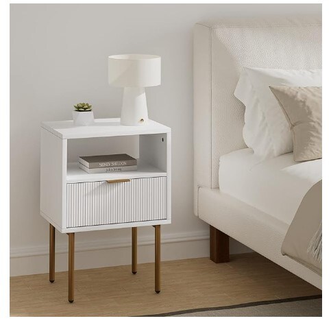 Bedside furniture, nightstands, dressers with drawers for bedrooms, small side tables with drawers, end tables with gold frames for bedrooms, living rooms, and white stripes