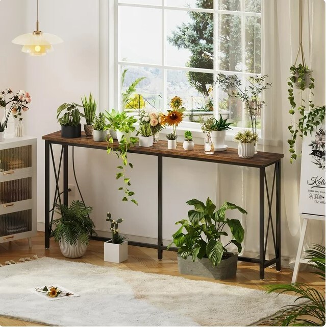Entryway Table with Metal Frame, X-Shaped Design, 2 Outlets &#x26; 2 USB Ports, Narrow Sofa Table for Living Room, Hallway, Rustic Brown 70 inch Console Table with Power Outlets